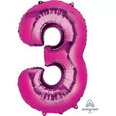 Pink 34-inch Anagram foil balloon shaped as the number 3, featuring shiny metallic surface and festive design.