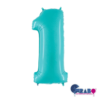 Pastel blue Grabo foil balloon shaped as the number 1, 26 inches tall, with shiny metallic finish and smooth surface.