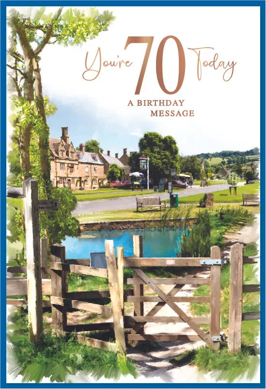 Set of six Simon Elvin C50 birthday cards celebrating age 70, featuring colorful designs and festive themes.