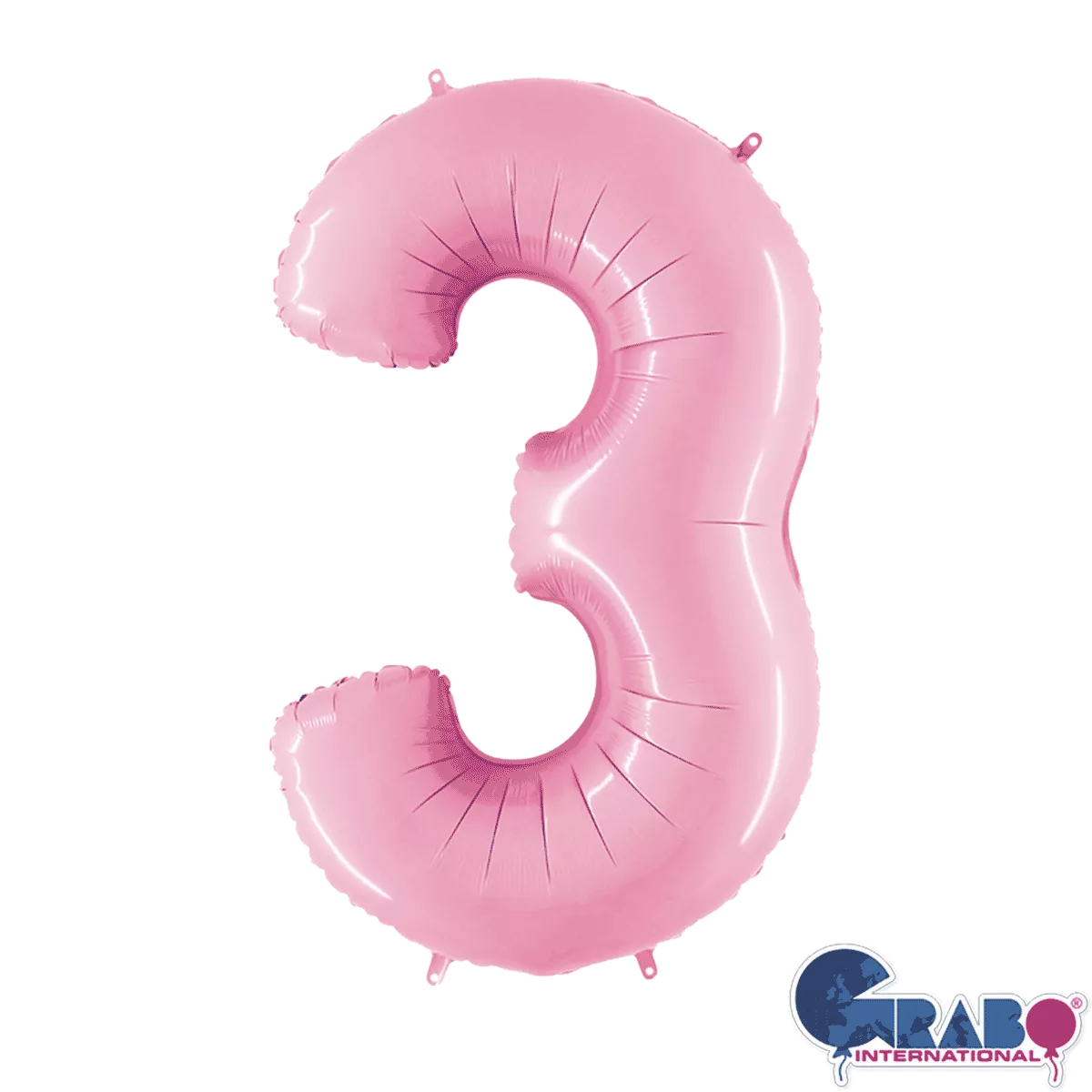 Pastel pink Grabo foil balloon shaped as the number 3, measuring 26 inches tall, suitable for celebrations and decorations.