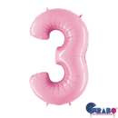 Pastel pink Grabo foil balloon shaped as the number 3, measuring 26 inches tall, suitable for celebrations and decorations.