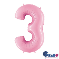 Pastel pink Grabo foil balloon shaped as the number 3, measuring 26 inches tall, suitable for celebrations and decorations.