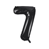 Black foil balloon shaped as the number 7, 34 inches tall, from Unique, with shiny metallic finish and reflective surface.