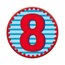 Six small birthday badges with the number 8, featuring colorful designs from Tiger Feet, perfect for celebrating age 8.