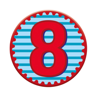 Six small birthday badges with the number 8, featuring colorful designs from Tiger Feet, perfect for celebrating age 8.