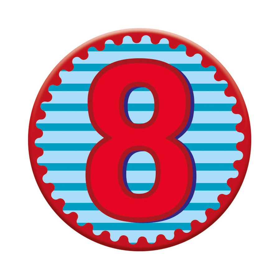 Six small birthday badges with the number 8, featuring colorful designs from Tiger Feet, perfect for celebrating age 8.