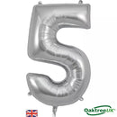 Silver Oaktree foil balloon shaped like the number 5, measuring 34 inches tall, designed for celebrations and decorations.