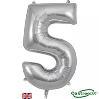 Silver Oaktree foil balloon shaped like the number 5, measuring 34 inches tall, designed for celebrations and decorations.