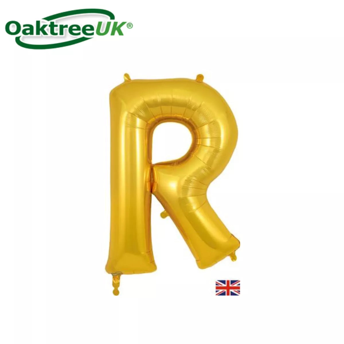 Gold Oaktree foil balloon shaped like the letter R, measuring 34 inches tall, perfect for celebrations and party decorations.
