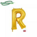 Gold Oaktree foil balloon shaped like the letter R, measuring 34 inches tall, perfect for celebrations and party decorations.