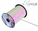 Eleganza Metallic Iridescent Ribbon for balloons, 5mm x 250 yards, showcasing shimmering, colorful balloon ribbon in the image.