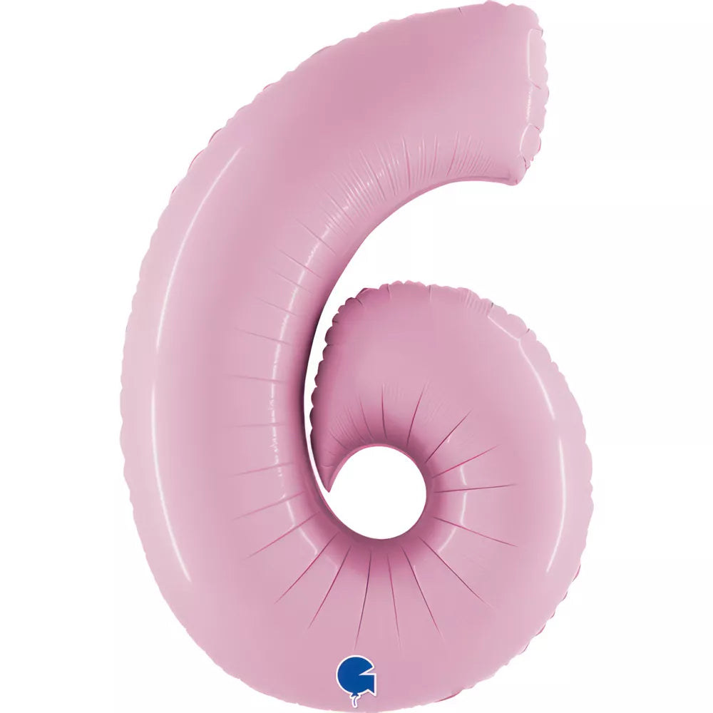 Pastel pink Grabo foil balloon shaped as the number 6, 14 inches tall, with shiny metallic finish for celebration decor.
