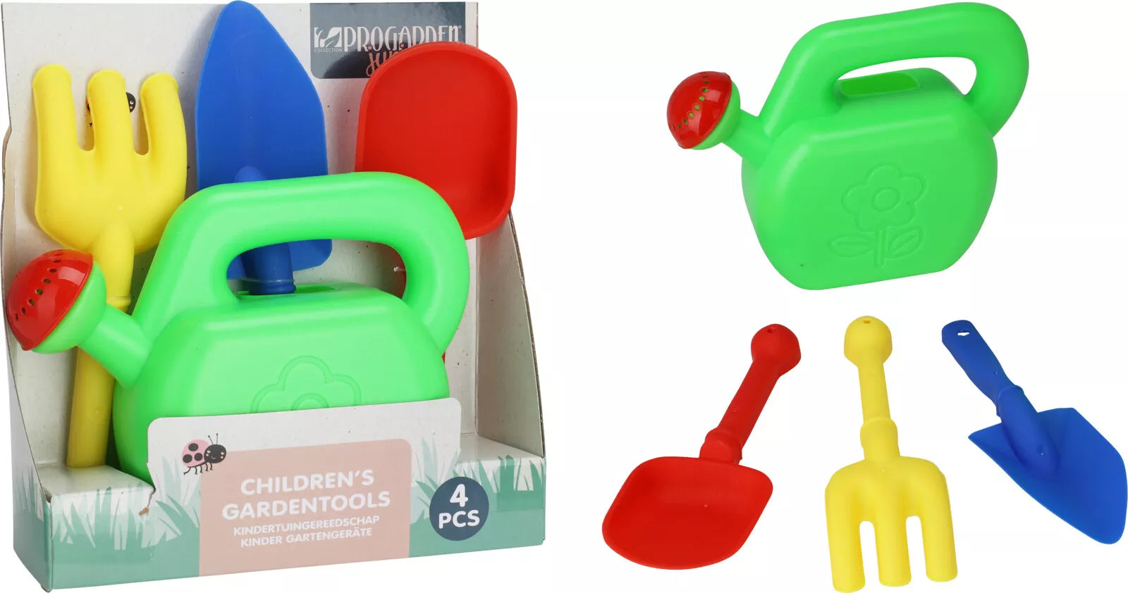 Koopman 4-piece toy garden set with small watering can, shovel, rake, and flower pots for kids' outdoor play.
