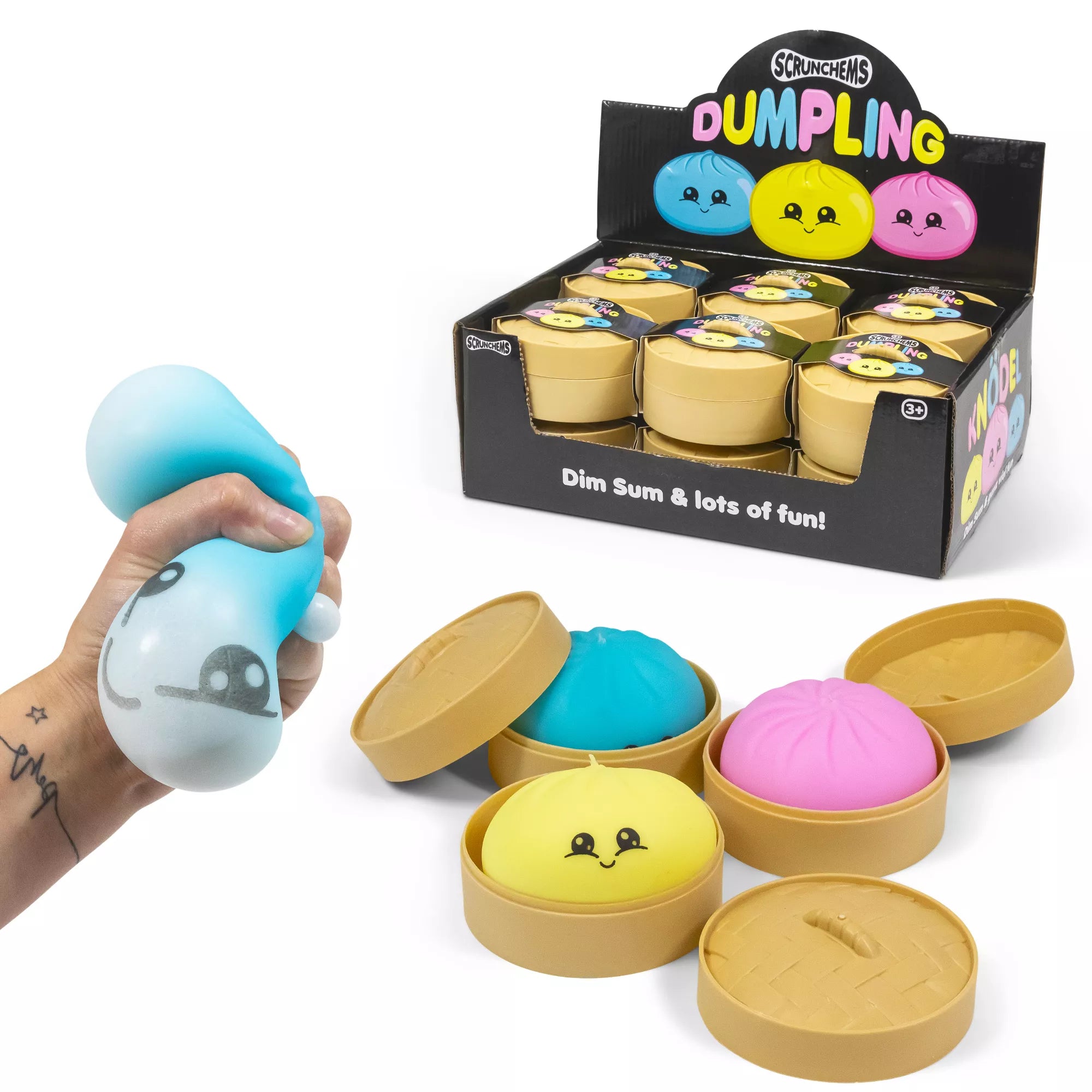 Colorful Scrunchems Squishy Dumpling toys from One For Fun, soft and squeezable for stress relief and fun play.