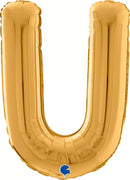 Gold foil letter U balloon by Grabo, 26 inches tall, featuring a shiny metallic finish and large letter shape.