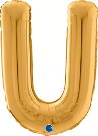 Gold foil letter U balloon by Grabo, 26 inches tall, featuring a shiny metallic finish and large letter shape.