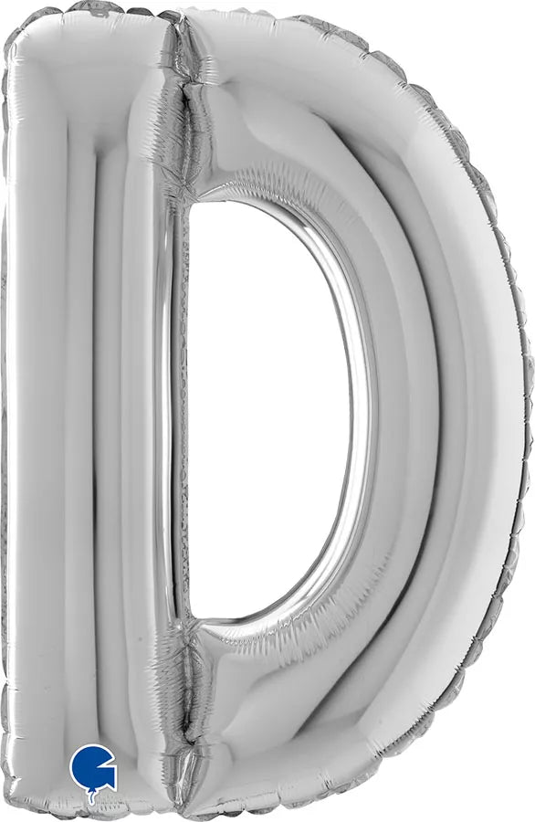 Silver Grabo foil balloon in letter D, 26 inches tall, with shiny metallic finish, perfect for celebrations and party decor.