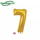 Golden Oaktree foil balloon shaped as the number 7, 34 inches tall, perfect for celebrations and party decorations.