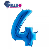 Blue Grabo foil balloon shaped as the number 4, measuring 40 inches tall, with shiny metallic surface and printed brand logo.
