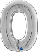Silver Grabo foil balloon in the shape of the letter O, measuring 26 inches, with a shiny metallic finish.