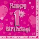 1st Birthday Pink 3-ply Napkins 33x33cm 16pk