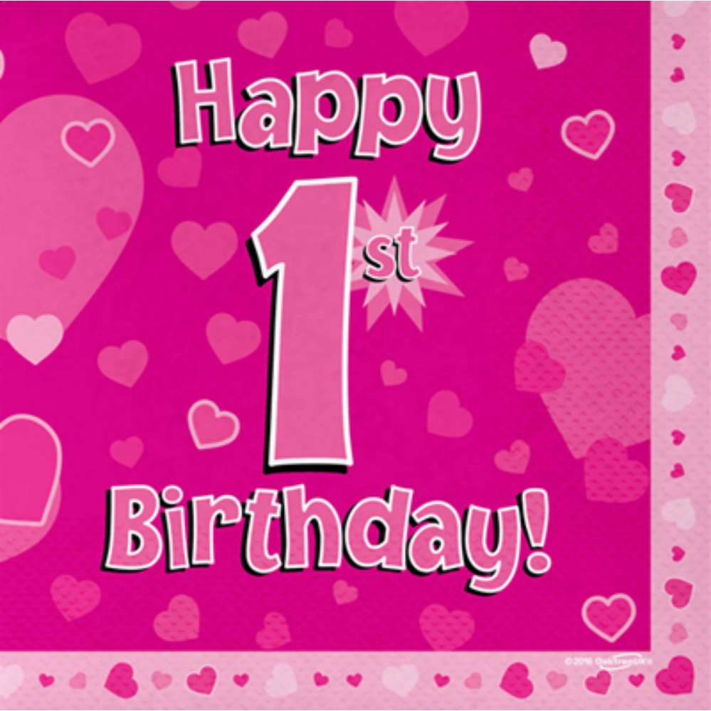 1st Birthday Pink 3-ply Napkins 33x33cm 16pk