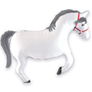 Oaktree Horse Metallic White 35-inch foil balloon, shiny and reflective, featuring a horse design for party decoration.