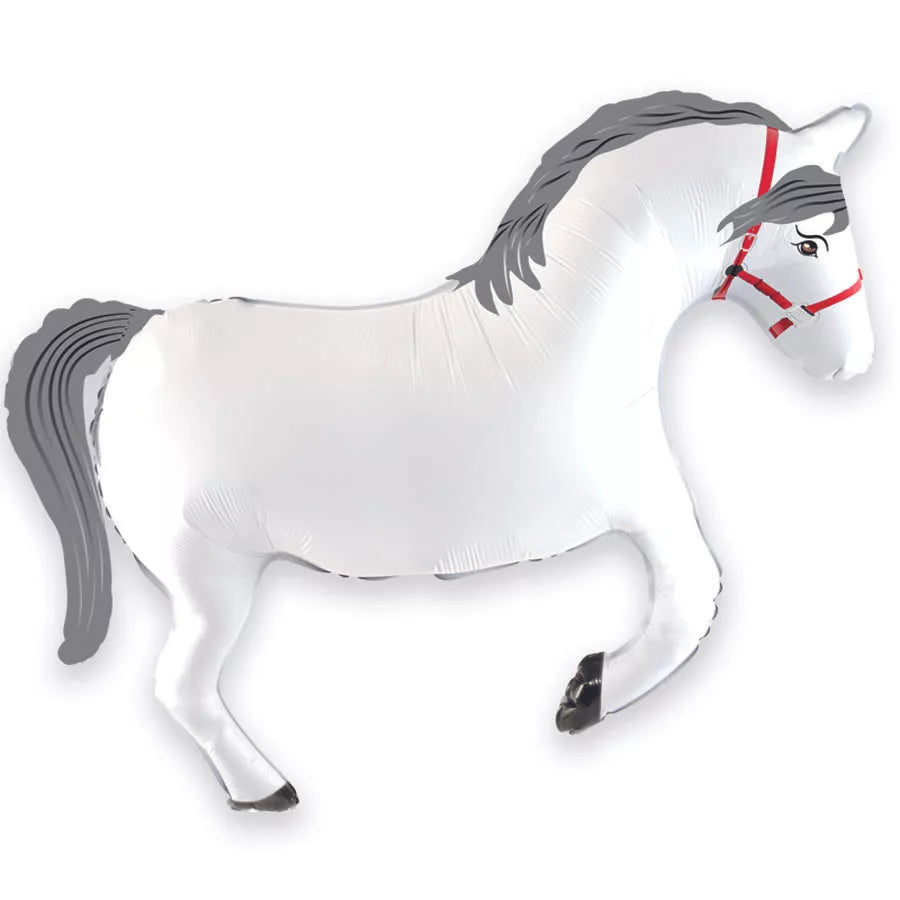 Oaktree Horse Metallic White 35-inch foil balloon, shiny and reflective, featuring a horse design for party decoration.