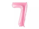PartyDeco pink foil balloon in the shape of the number 7, 34 inches tall, shiny and festive for celebrations.
