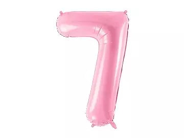 PartyDeco pink foil balloon in the shape of the number 7, 34 inches tall, shiny and festive for celebrations.