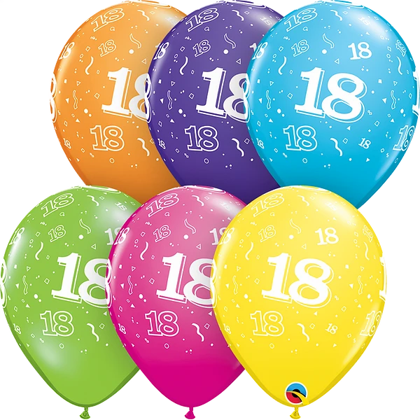 Assorted 11-inch Qualatex printed latex balloons with tropical designs, 25-pack for birthday and celebration decorations.