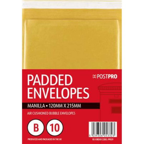 10pk Padded Envelopes Size B 120x215mm Manilla