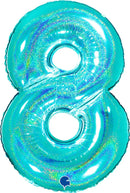Grabo foil balloon featuring holographic Tiffany blue number 8 with hologlitter finish, 40 inches tall for celebrations.