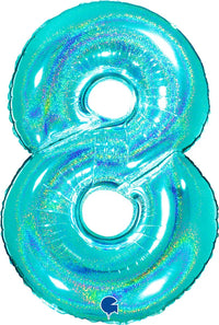Grabo foil balloon featuring holographic Tiffany blue number 8 with hologlitter finish, 40 inches tall for celebrations.