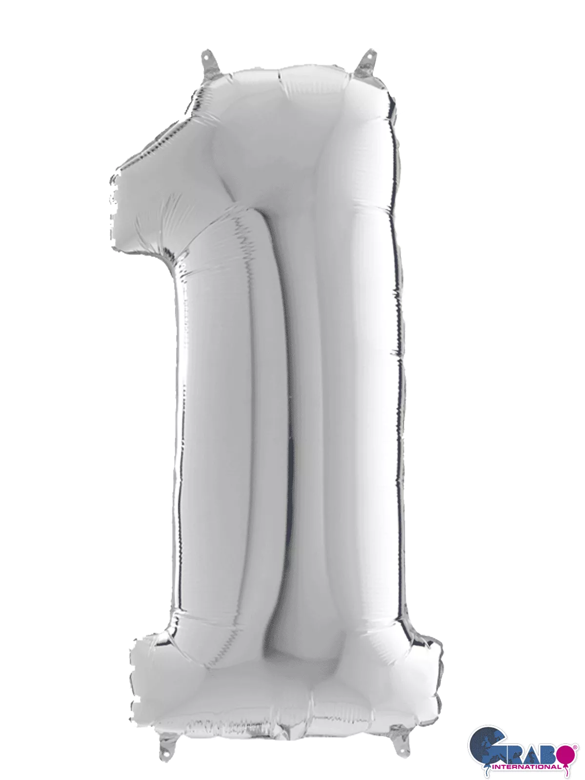 Silver Grabo foil balloon shaped as the number 1, measuring 26 inches, with a shiny metallic finish.
