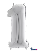 Silver Grabo foil balloon shaped as the number 1, measuring 26 inches, with a shiny metallic finish.