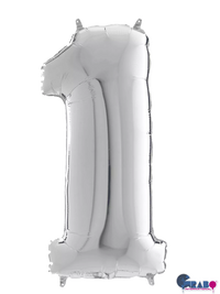 Silver Grabo foil balloon shaped as the number 1, measuring 26 inches, with a shiny metallic finish.