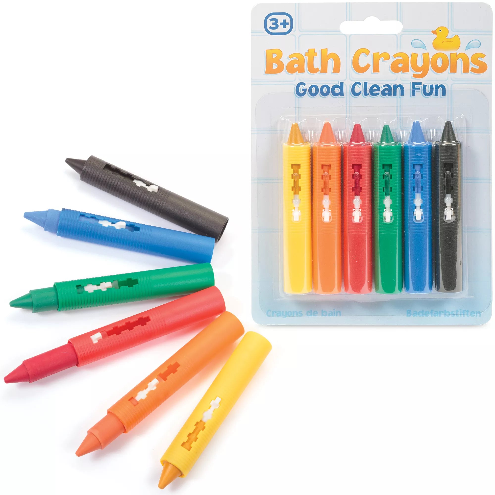 Colorful bath crayons from One For Fun, designed for kids' bath time fun, shown in vibrant shades on a white background.
