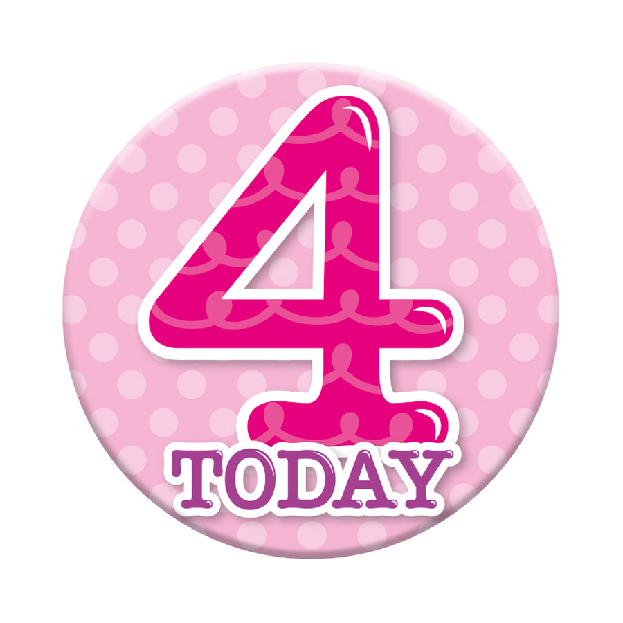 Six small Tiger Feet birthday badges with the number 4, featuring colorful designs for celebrating a fourth birthday.