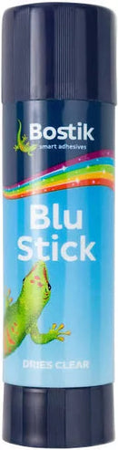 Bostik 12-pack Blu Tack glue dots and tack sticks in 36g, flexible adhesive for crafts and mounting projects.
