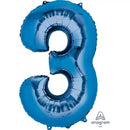 Blue Anagram foil balloon shaped as the number 3, 34 inches tall, suitable for celebrations and party decorations.