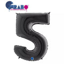 Black 40-inch Grabo foil number 5 balloon, shiny metallic finish, inflated and ready for celebration.