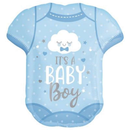 Blue Anagram foil balloon shaped like a baby onesie, 24-inch size, with colorful "Baby" lettering for celebration decor.