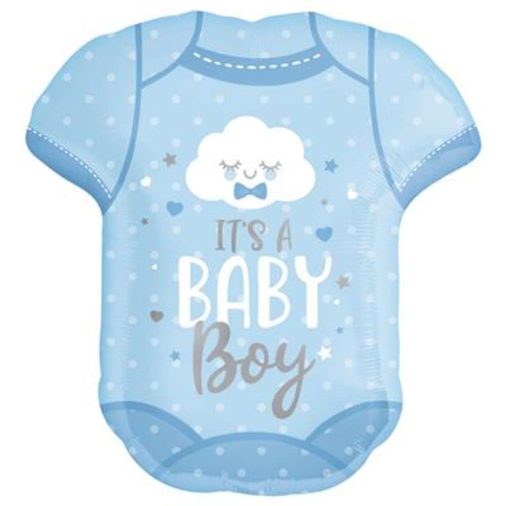 Blue Anagram foil balloon shaped like a baby onesie, 24-inch size, with colorful "Baby" lettering for celebration decor.