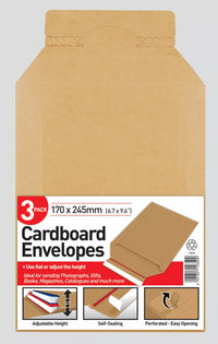 Three County Stationery cardboard envelopes measuring 170x245mm, stacked with flap closures and simple brown design.