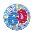 Six small birthday badges with the number 60 from Tiger Feet, featuring colorful designs for celebrating a 60th birthday.