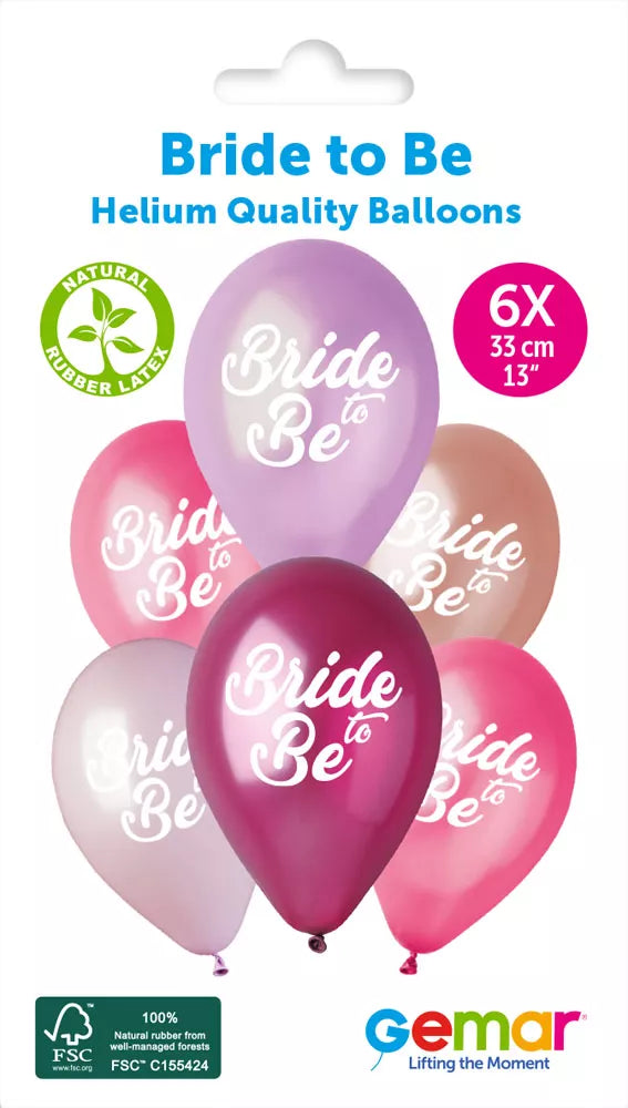Set of six Gemar Bride To Be 13-inch printed latex balloons for wedding celebrations, featuring elegant bridal-themed designs.