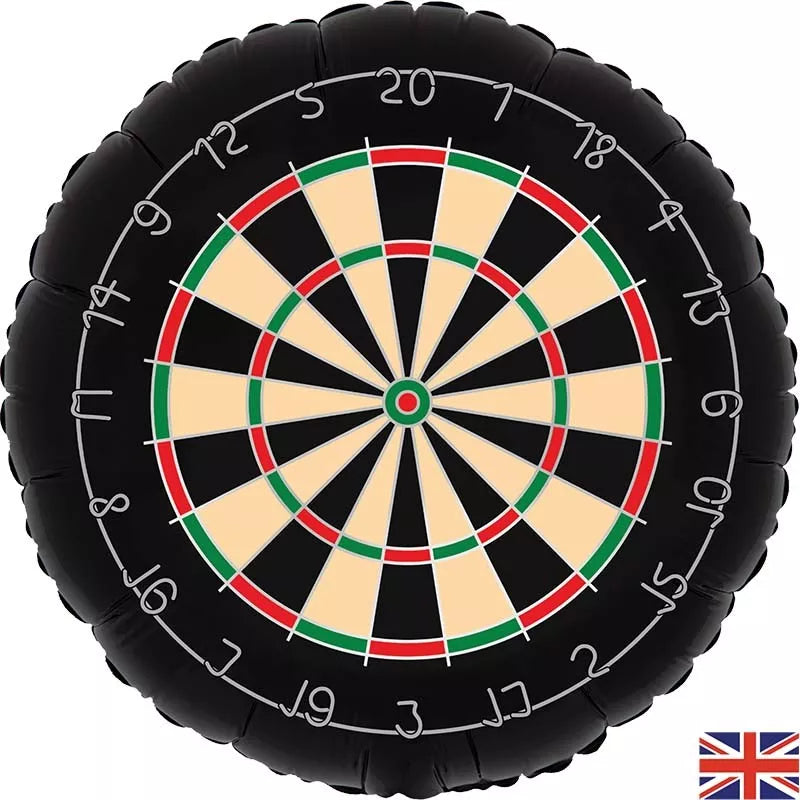 Oaktree foil balloon shaped like a 30-inch dartboard, bright colors and printed dartboard design, festive decoration.