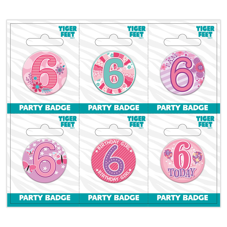 Six small Tiger Feet birthday badges with the number 6 for celebrating age 6, featuring colorful designs on a white background.