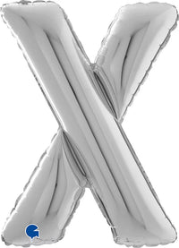 Silver 26-inch Grabo foil letter X balloon with shiny metallic surface, designed for celebrations or decorations